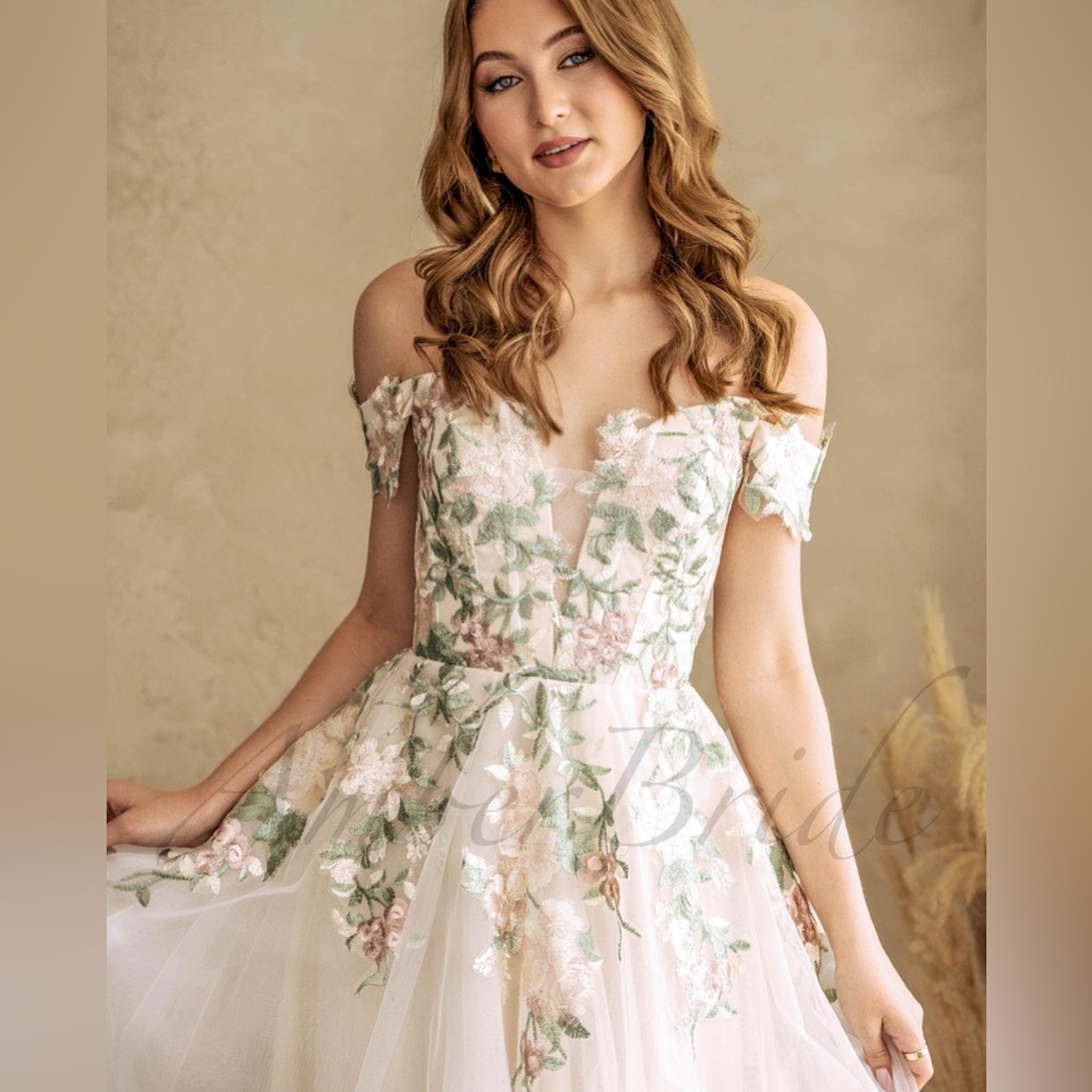 Floral Off Shoulder Wedding Dress A Line Forest Wedding Garden Gown